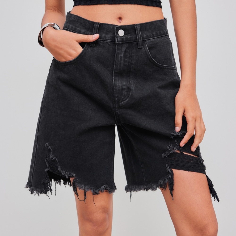 Princess Polly Black Jean Shorts Distressed Frayed Hem